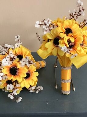 Set of 2 sunflower and baby breath wedding bouquets